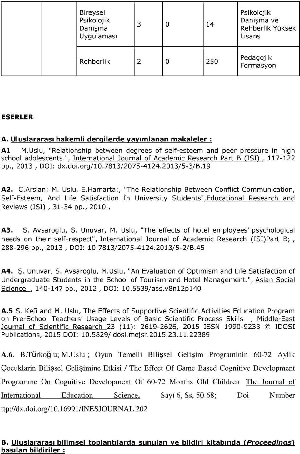 ", International Journal of Academic Research Part B (ISI), 117-122 pp., 2013, DOI: dx.doi.org/10.7813/2075-4124.2013/5-3/b.19 A2. C.Arslan; M. Uslu, E.
