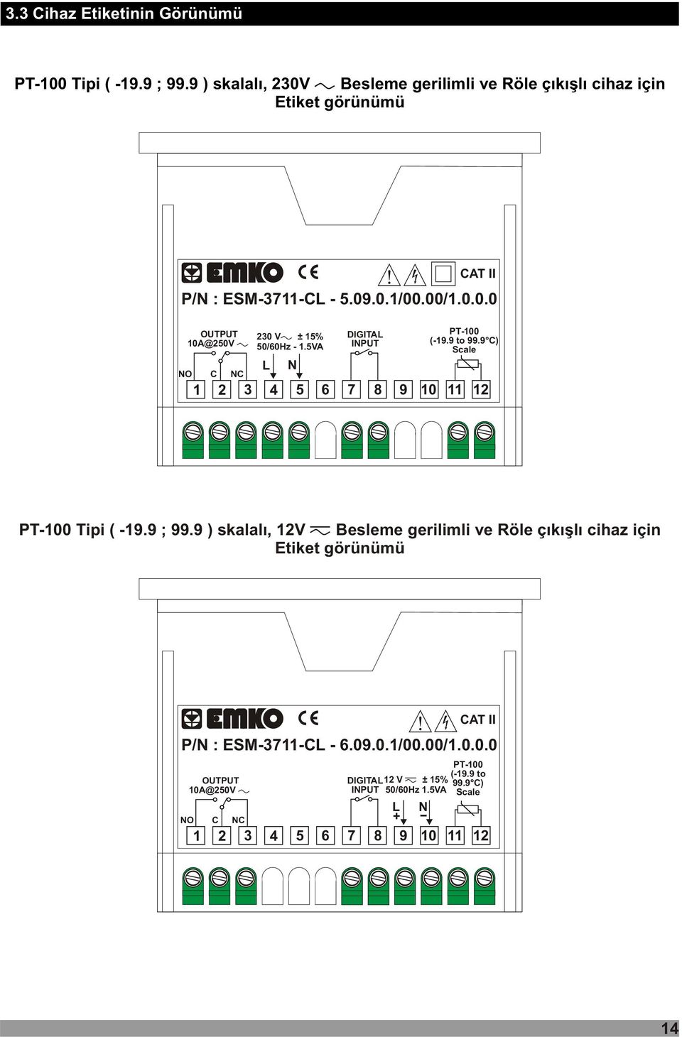 5VA NO C NC L N DIGITAL INPUT PT-100 (-19.9 to 99.9 ) Scale 1 2 3 4 5 6 7 8 9 10 11 12 PT-100 Tipi ( -19.9 ; 99.