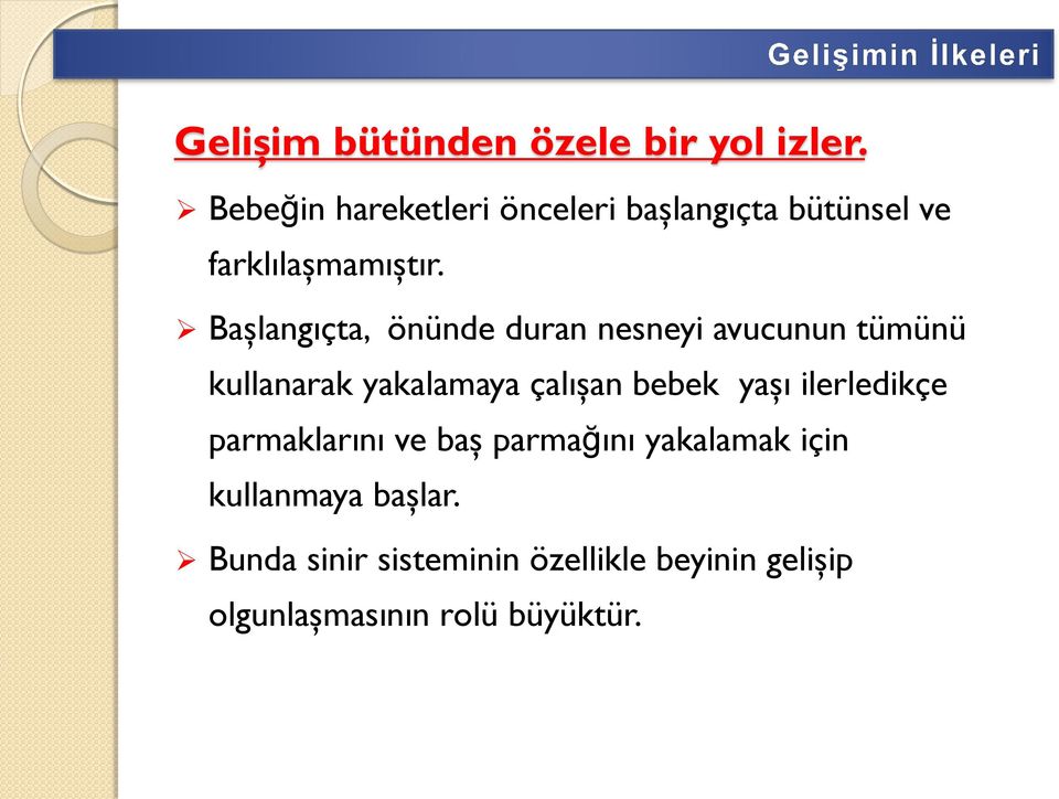 Başlangıçta, önünde duran nesneyi avucunun tümünü kullanarak yakalamaya çalışan bebek