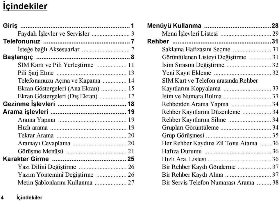 .. 19 Tekrar Arama... 20 Aramayı Cevaplama... 20 Görüşme Menüsü... 21 Karakter Girme... 25 Yazı Dilini Değiştirme... 26 Yazım Yöntemini Değiştirme... 26 Metin Şablonlarını Kullanma.