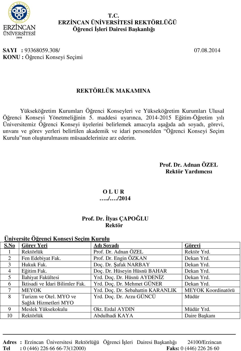 maddesi uyarınca, 2014-2015 Eğitim-Öğretim yılı Üniversitemiz Öğrenci Konseyi üyelerini belirlemek amacıyla aşağıda adı soyadı, görevi, unvanı ve görev yerleri belirtilen akademik ve idari