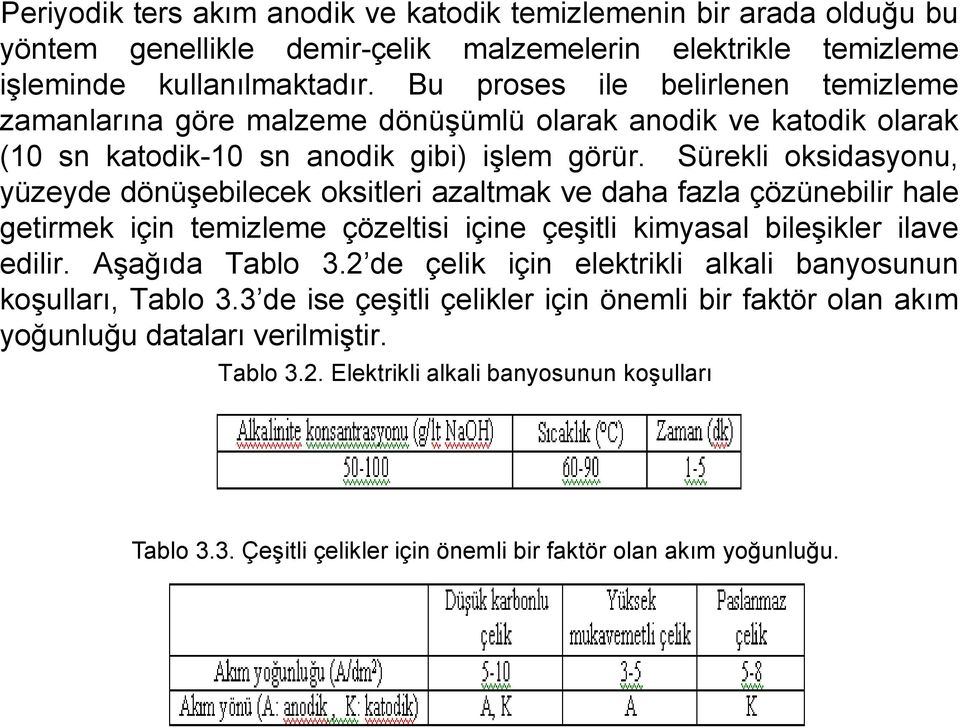 Sürekli oksidasyonu, yüzeyde dönüşebilecek oksitleri azaltmak ve daha fazla çözünebilir hale getirmek için temizleme çözeltisi içine çeşitli kimyasal bileşikler ilave edilir. Aşağıda Tablo 3.