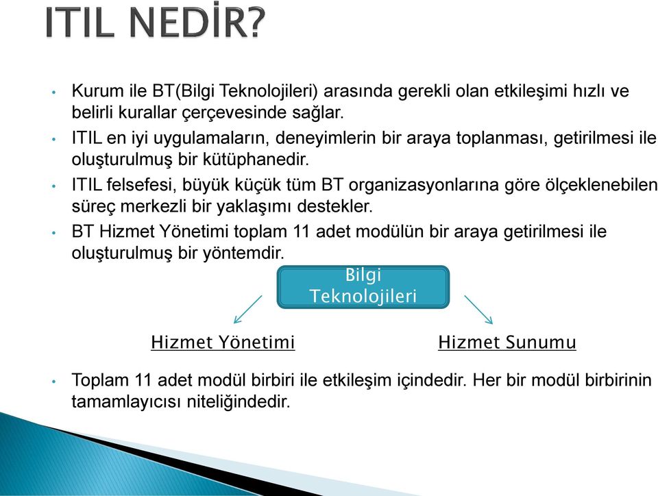 ITIL felsefesi, büyük küçük tüm BT organizasyonlarına göre ölçeklenebilen süreç merkezli bir yaklaşımı destekler.