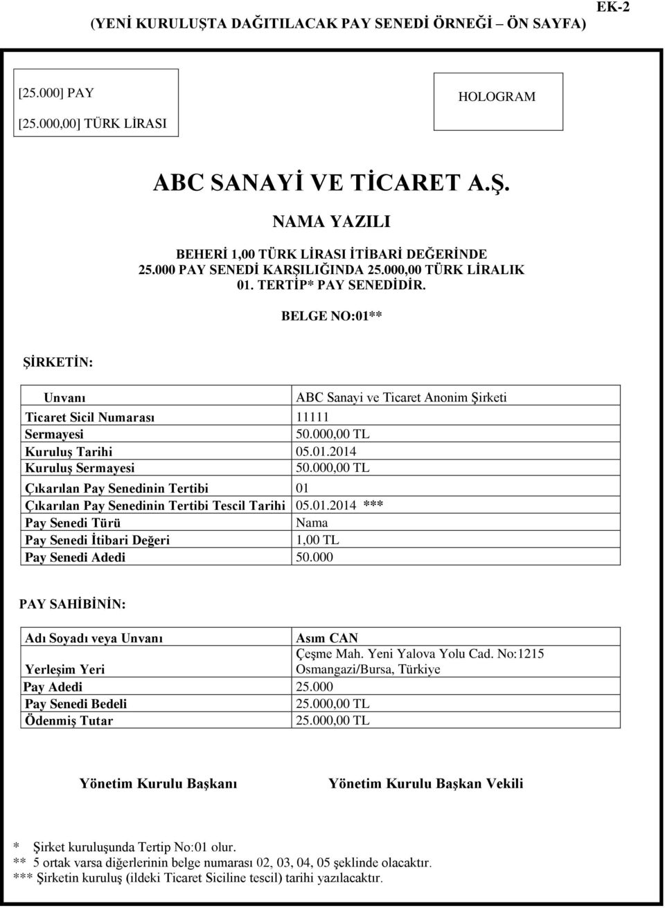 01.2014 *** Pay Senedi Türü Nama Pay Senedi İtibari Değeri 1,00 TL Pay Senedi Adedi 50.000 ABC Sanayi ve Ticaret Anonim Şirketi PAY SAHİBİNİN: Adı Soyadı veya Unvanı Asım CAN Çeşme Mah.