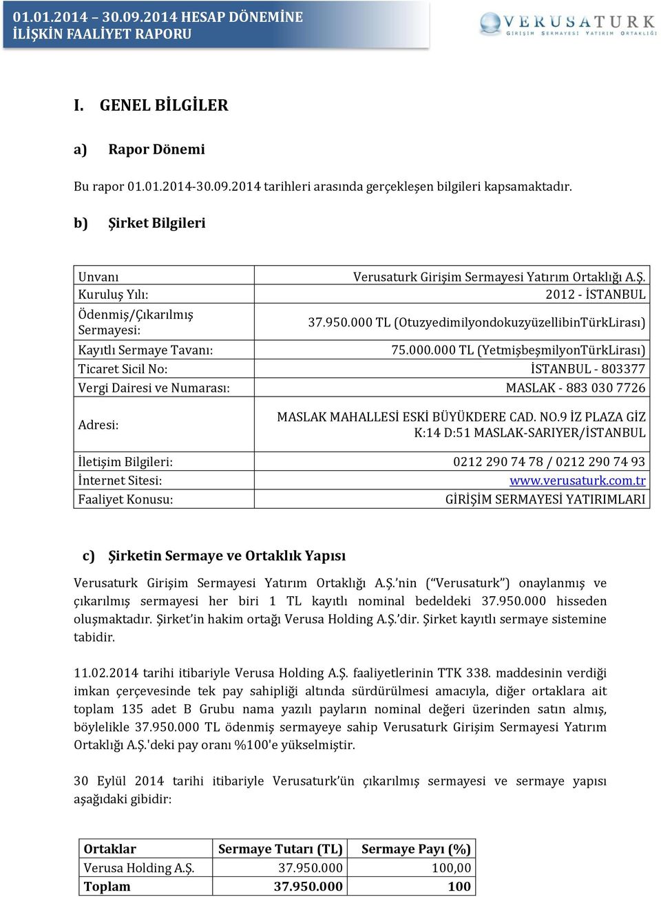 000 TL (OtuzyedimilyondokuzyüzellibinTürkLirası) Kayıtlı Sermaye Tavanı: 75.000.000 TL (YetmişbeşmilyonTürkLirası) Ticaret Sicil No: İSTANBUL - 803377 Vergi Dairesi ve Numarası: MASLAK - 883 030 7726 Adresi: MASLAK MAHALLESİ ESKİ BÜYÜKDERE CAD.