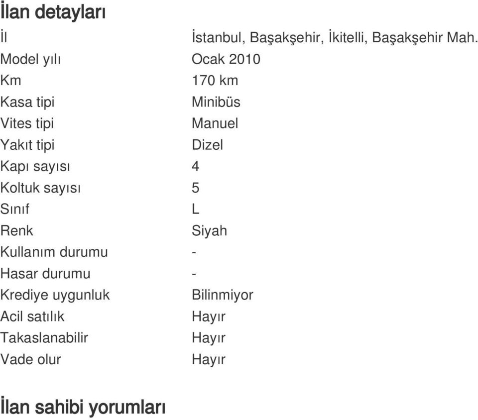 Kapı sayısı 4 Koltuk sayısı 5 Sınıf L Renk Siyah Kullanım durumu - Hasar durumu -