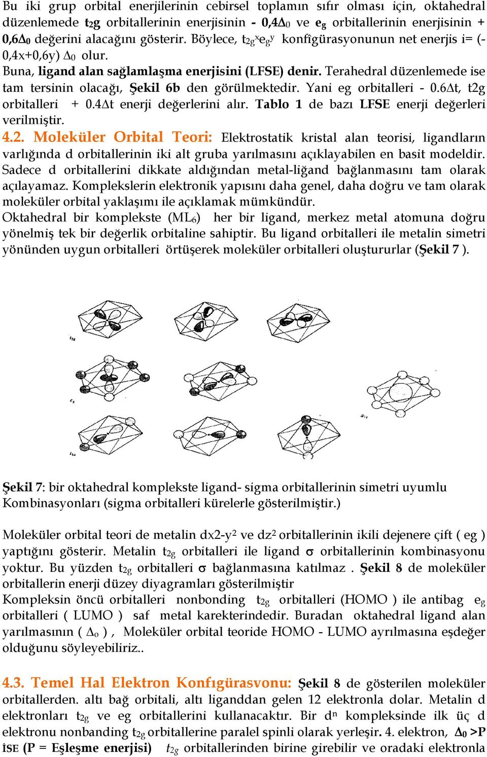 Terahedral düzenlemede ise tam tersinin olaca, /ekil 6b den görülmektedir. Yani eg orbitalleri - 0.6t, t2g orbitalleri + 0.4t enerji deerlerini alr. Tablo 1 de baz LFSE enerji deerleri verilmitir. 4.