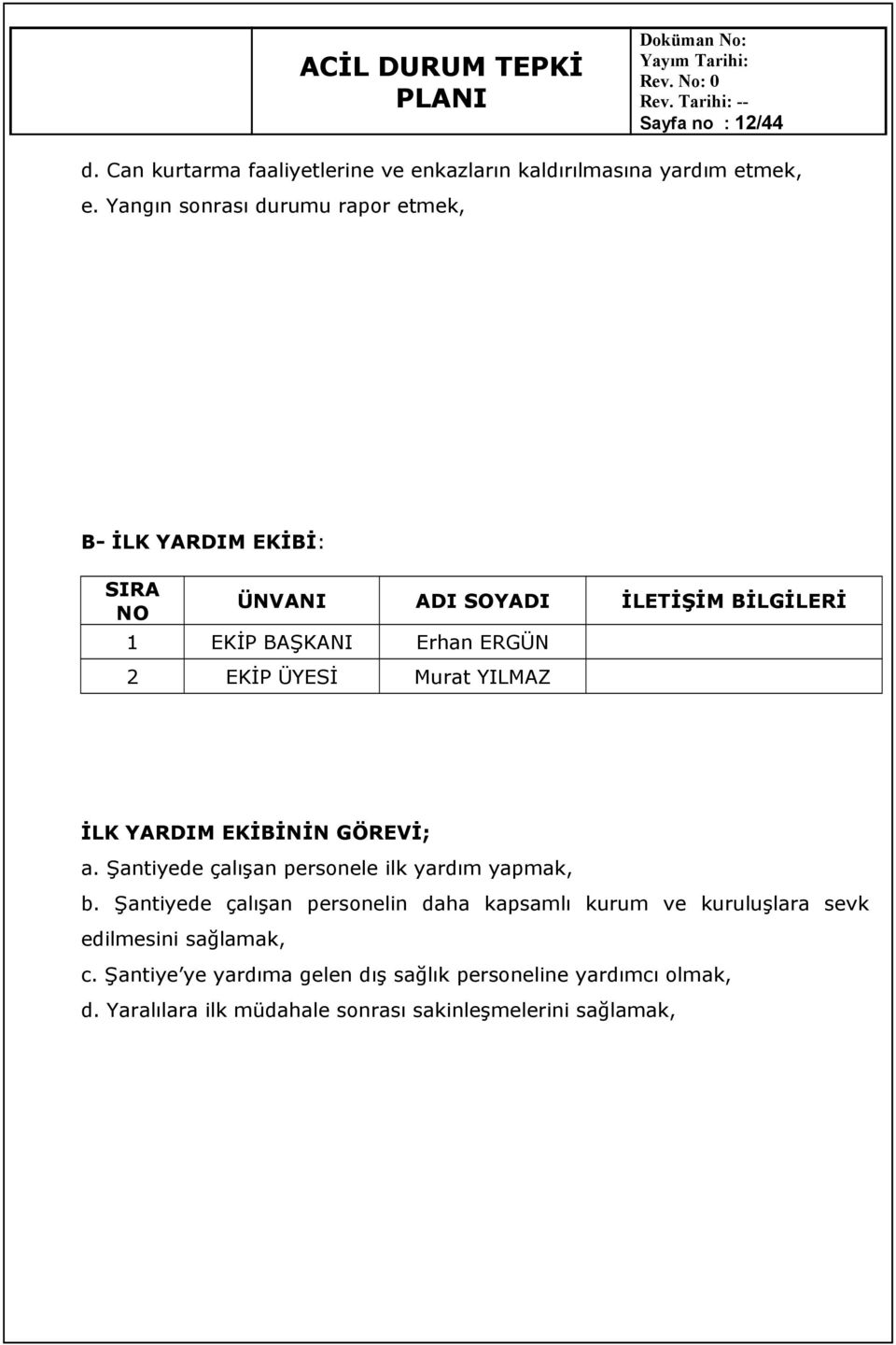 ÜYESİ Murat YILMAZ İLK YARDIM EKİBİNİN GÖREVİ; a. Şantiyede çalışan personele ilk yardım yapmak, b.