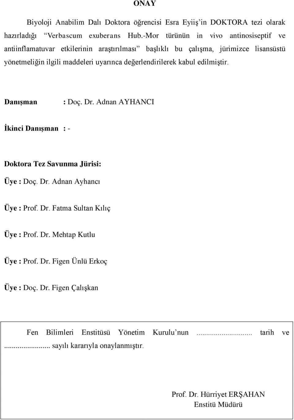 değerlendirilerek kabul edilmiştir. Danışman : Doç. Dr. Adnan AYHANCI İkinci Danışman : - Doktora Tez Savunma Jürisi: Üye : Doç. Dr. Adnan Ayhancı Üye : Prof. Dr. Fatma Sultan Kılıç Üye : Prof.