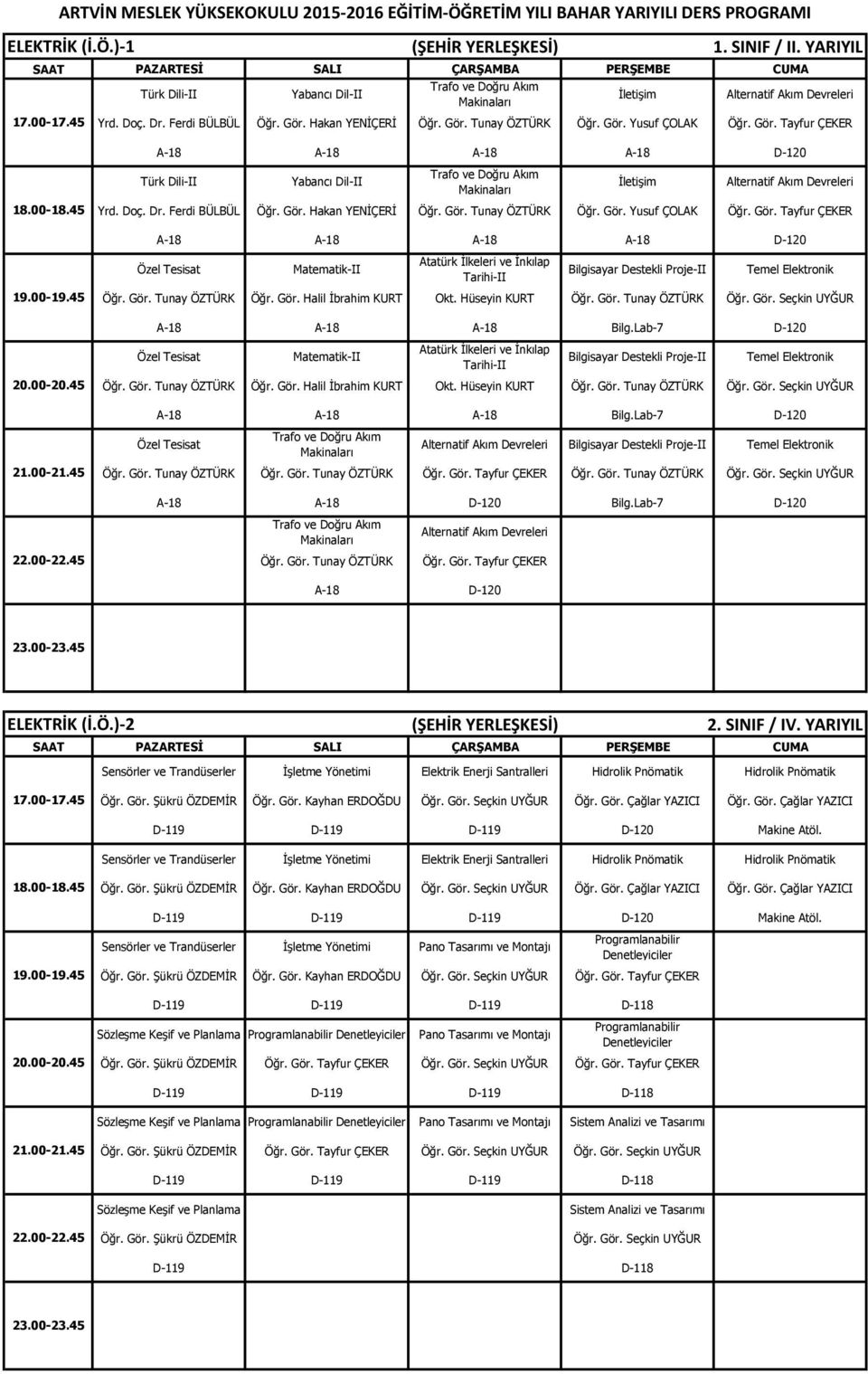 Gör. Yusuf ÇOLAK Öğr. Gör. Tayfur ÇEKER A-18 A-18 A-18 A-18 D-120 19.00-19.45 Özel Tesisat Matematik-II Bilgisayar Destekli Proje-II Temel Elektronik Öğr. Gör. Tunay ÖZTÜRK Öğr. Gör. Halil İbrahim KURT Öğr.