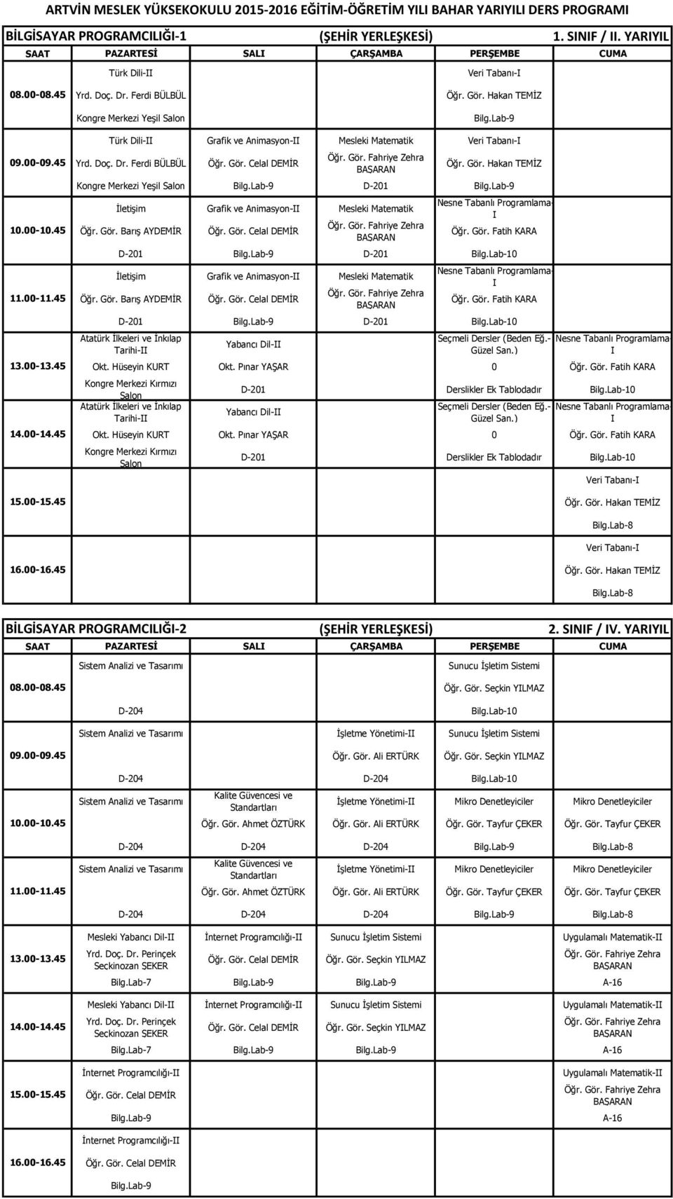 Lab-9 D-201 Bilg.Lab-10 İletişim Grafik ve Animasyon-II Mesleki Matematik Öğr. Gör. Barış AYDEMİR Nesne Tabanlı Programlama- I Öğr. Gör. Fatih KARA D-201 Bilg.Lab-9 D-201 Bilg.Lab-10 Nesne Tabanlı Programlama- I Okt.