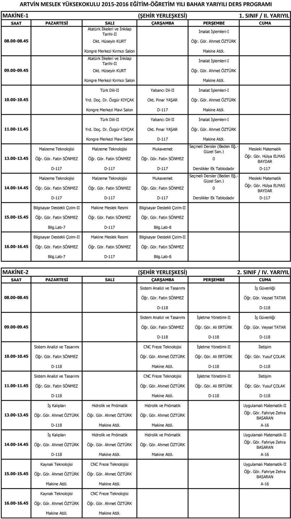 Pınar YAŞAR Öğr. Gör. Ahmet ÖZTÜRK Kongre Merkezi Mavi Salon D-117 Makine Atöl. İmalat İşlemleri-I Yrd. Doç. Dr. Özgür KIYÇAK Okt. Pınar YAŞAR Öğr. Gör. Ahmet ÖZTÜRK Kongre Merkezi Mavi Salon D-117 Makine Atöl. Malzeme Teknolojisi Malzeme Teknolojisi Mukavemet Öğr.