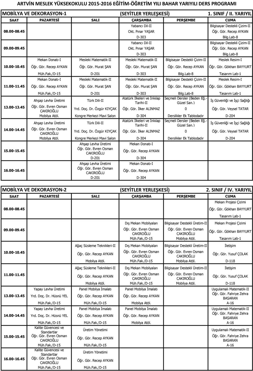 Fak./D-15 D-201 D-303 Bilg.Lab-8 Tasarım Lab-1 Mekan Donatı-I Mesleki Matematik-II Mesleki Matematik-II Bilgisayar Destekli Çizim-II Meslek Resim-I Öğr. Gör. Murat ŞAN Öğr. Gör. Murat ŞAN Öğr. Gör. Gökhan BAYYURT Müh.