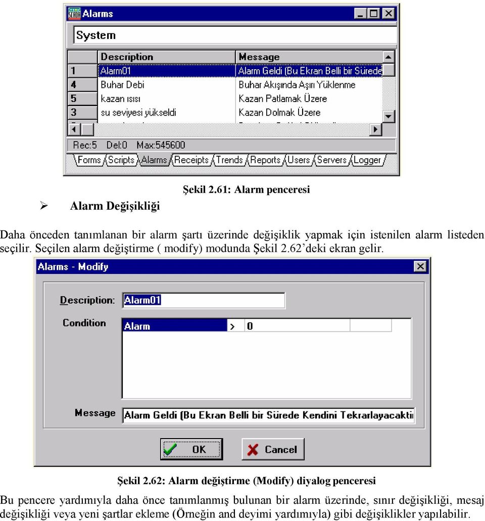 seçilir. Seçilen alarm değiştirme ( modify) modunda Şekil 2.