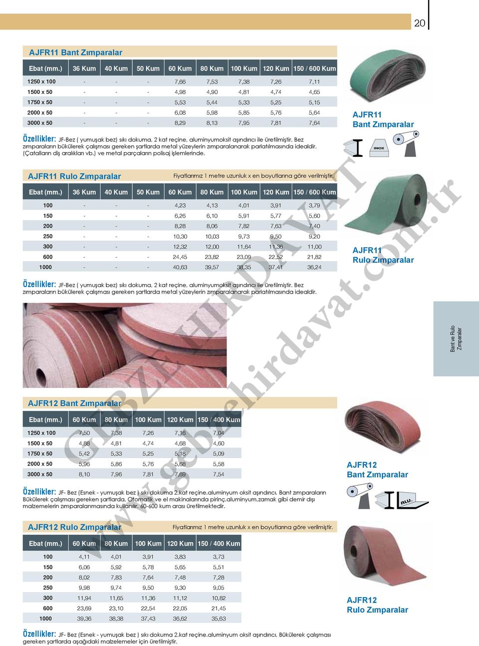 50 - - - 6,08 5,98 5,85 5,76 5,64 3000 x 50 - - - 8,29 8,13 7,95 7,81 7,64 AJFR11 Bant Zımparalar Özellikler: JF-Bez ( yumuşak bez) sıkı dokuma, 2 kat reçine, aluminyumoksit aşındırıcı ile