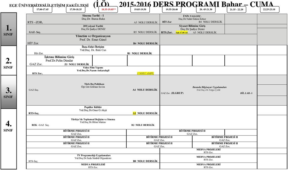 Doç. Dr. Baki Can Video Film Yapımı Yrd.Doç.Dr.Nazım Ankaralıgil ÜNİV.YAŞ.GEÇ. Siyaset Bilimine Giriş Doç.Dr.Şadiye Deniz RTS.Zor. Salı 17.00 A6 Türk Dış Politikası Öğr.Gör.Gökhan Sevim (II.
