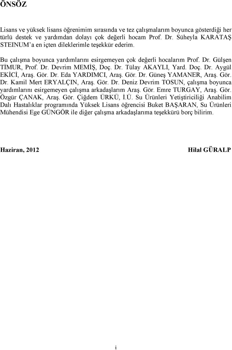 Doç. Dr. Aygül EKİCİ, Araş. Gör. Dr. Eda YARDIMCI, Araş. Gör. Dr. Güneş YAMANER, Araş. Gör. Dr. Kamil Mert ERYALÇIN, Araş. Gör. Dr. Deniz Devrim TOSUN, çalışma boyunca yardımlarını esirgemeyen çalışma arkadaşlarım Araş.