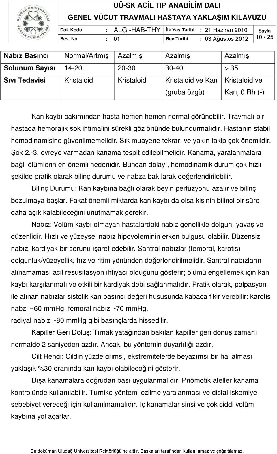 Sık muayene tekrarı ve yakın takip çok önemlidir. Şok 2.-3. evreye varmadan kanama tespit edilebilmelidir. Kanama, yaralanmalara bağlı ölümlerin en önemli nedenidir.