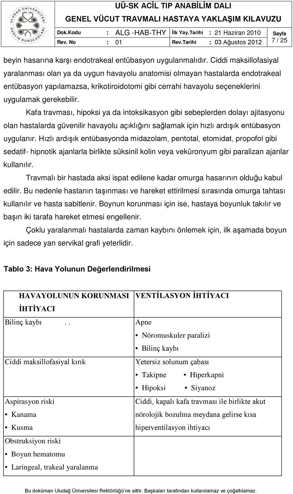 Kafa travması, hipoksi ya da intoksikasyon gibi sebeplerden dolayı ajitasyonu olan hastalarda güvenilir havayolu açıklığını sağlamak için hızlı ardışık entübasyon uygulanır.