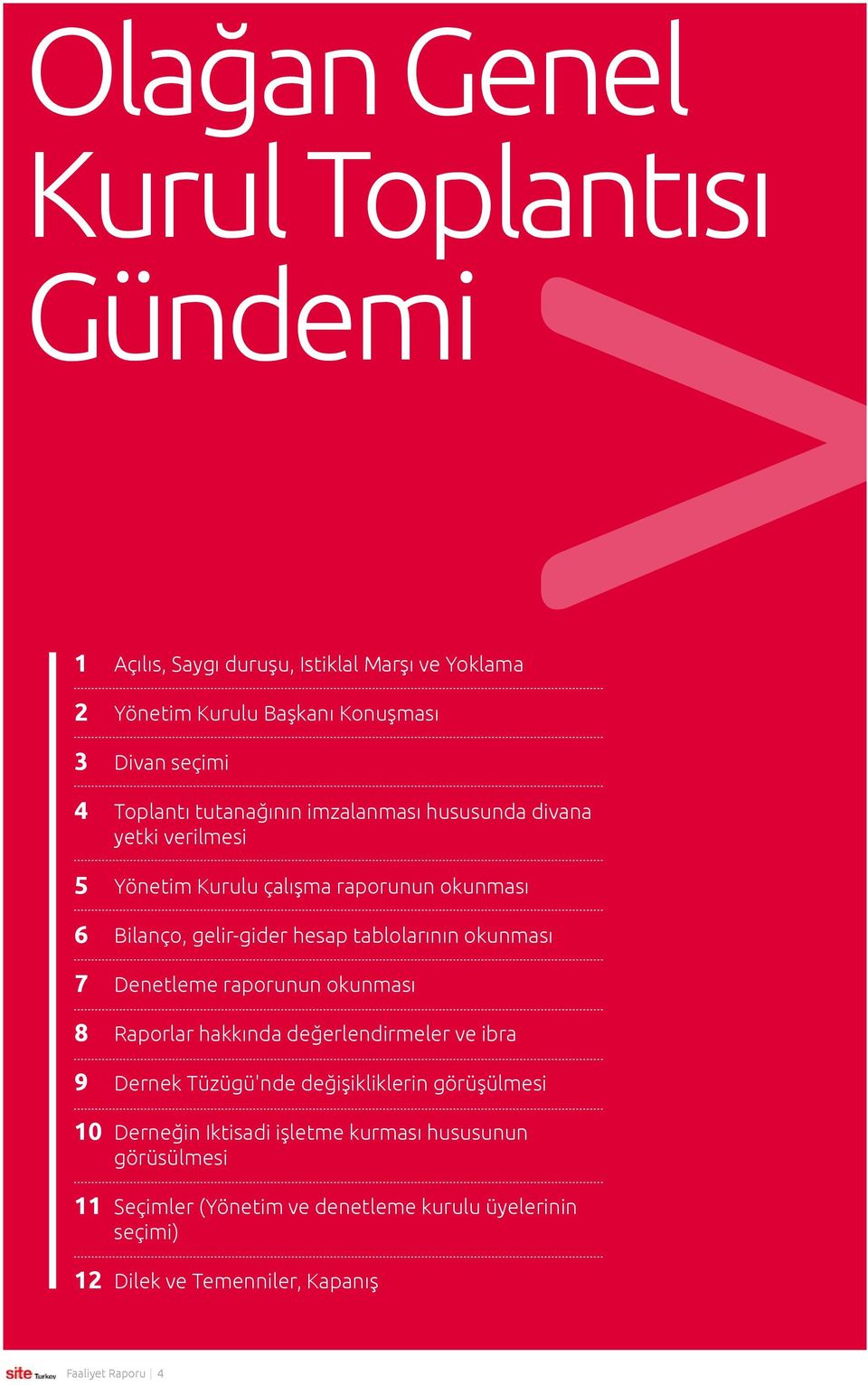 okunması 7 Denetleme raporunun okunması 8 Raporlar hakkında değerlendirmeler ve ibra 9 Dernek Tüzügü'nde değişikliklerin görüşülmesi 10 Derneğin