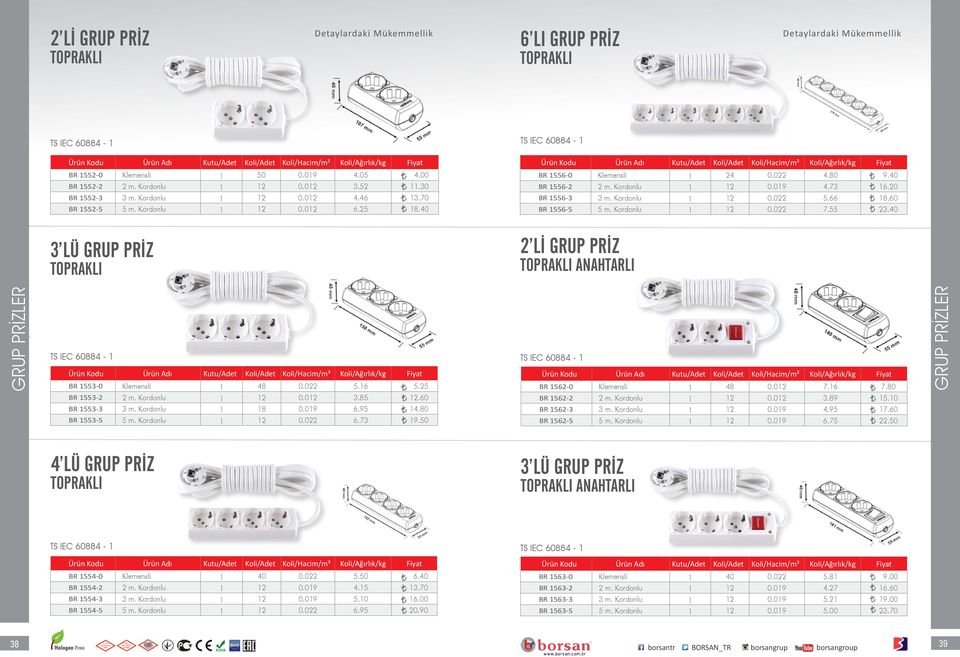 60 BR 1556-5 5 m. Kordonlu 1 12 0.022 7.55 23.40 3 LÜ GRUP PRİZ TOPRAKLI 2 Lİ GRUP PRİZ TOPRAKLI ANAHTARLI GRUP PRİZLER TS IEC 60884-1 BR 1553-0 Klemensli 1 48 0.022 5.16 5.25 BR 1553-2 2 m.