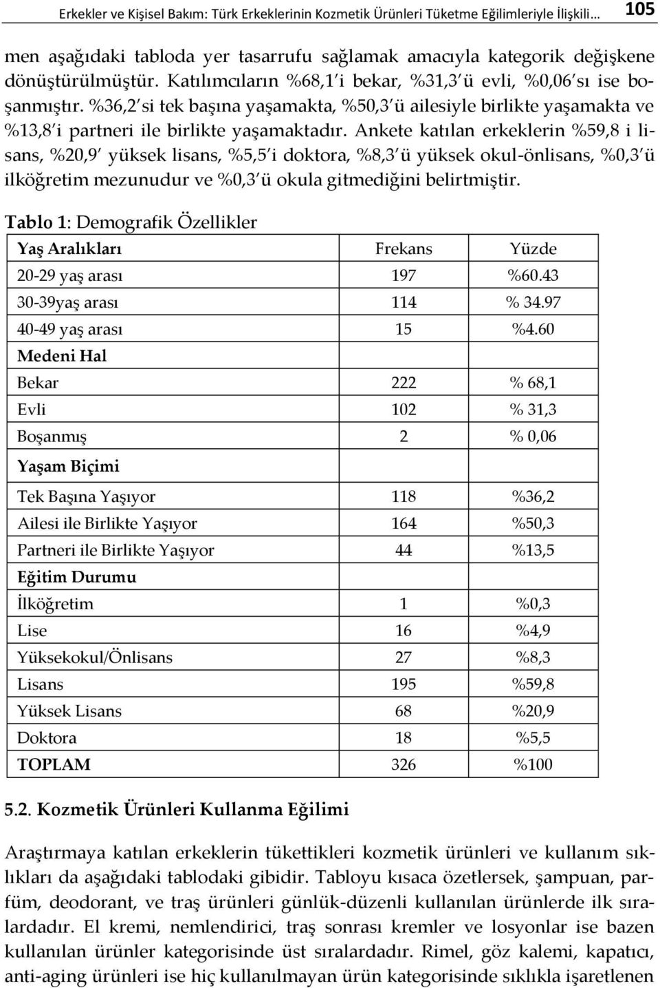 Ankete katılan erkeklerin %59,8 i lisans, %20,9 yüksek lisans, %5,5 i doktora, %8,3 ü yüksek okul-önlisans, %0,3 ü ilköğretim mezunudur ve %0,3 ü okula gitmediğini belirtmiştir.