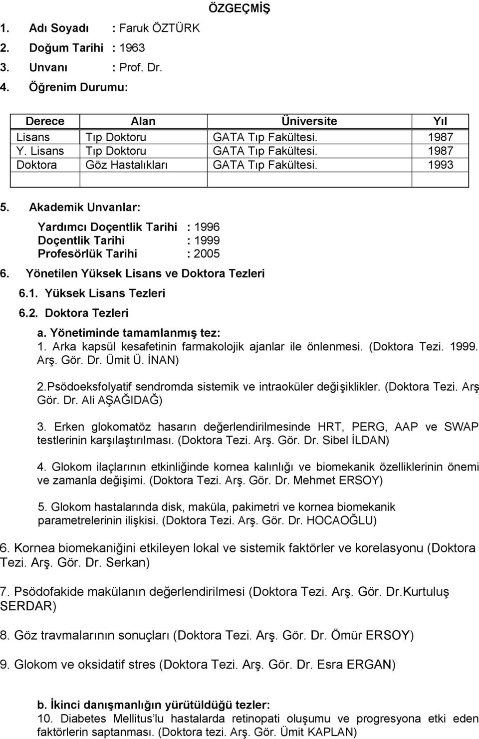 Akademik Unvanlar: Yardımcı Doçentlik Tarihi : 1996 Doçentlik Tarihi : 1999 Profesörlük Tarihi : 2005 6. Yönetilen Yüksek Lisans ve Doktora Tezleri 6.1. Yüksek Lisans Tezleri 6.2. Doktora Tezleri a.