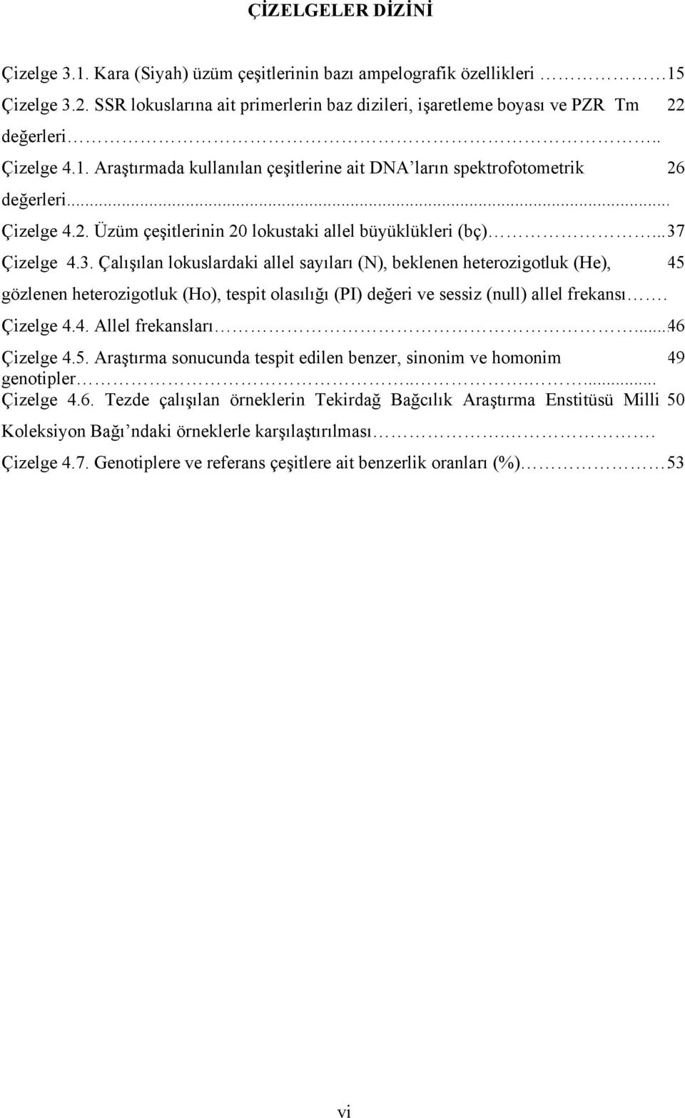 Çizelge 4.3. Çalışılan lokuslardaki allel sayıları (N), beklenen heterozigotluk (He), 45 gözlenen heterozigotluk (Ho), tespit olasılığı (PI) değeri ve sessiz (null) allel frekansı. Çizelge 4.4. Allel frekansları.