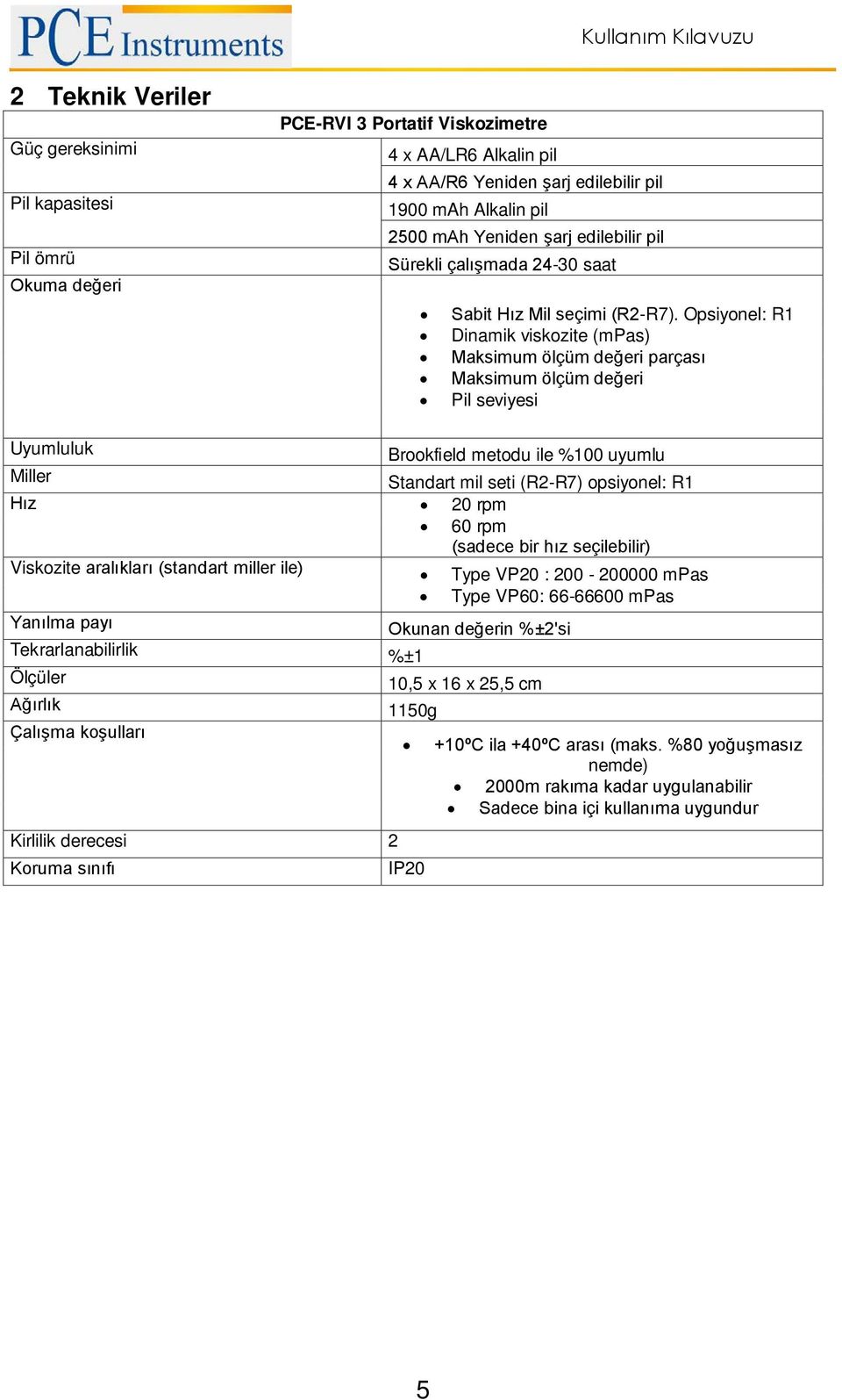 Opsiyonel: R1 Dinamik viskozite (mpas) Maksimum ölçüm değeri parçası Maksimum ölçüm değeri Pil seviyesi Uyumluluk Brookfield metodu ile %100 uyumlu Miller Standart mil seti (R2-R7) opsiyonel: R1 Hız