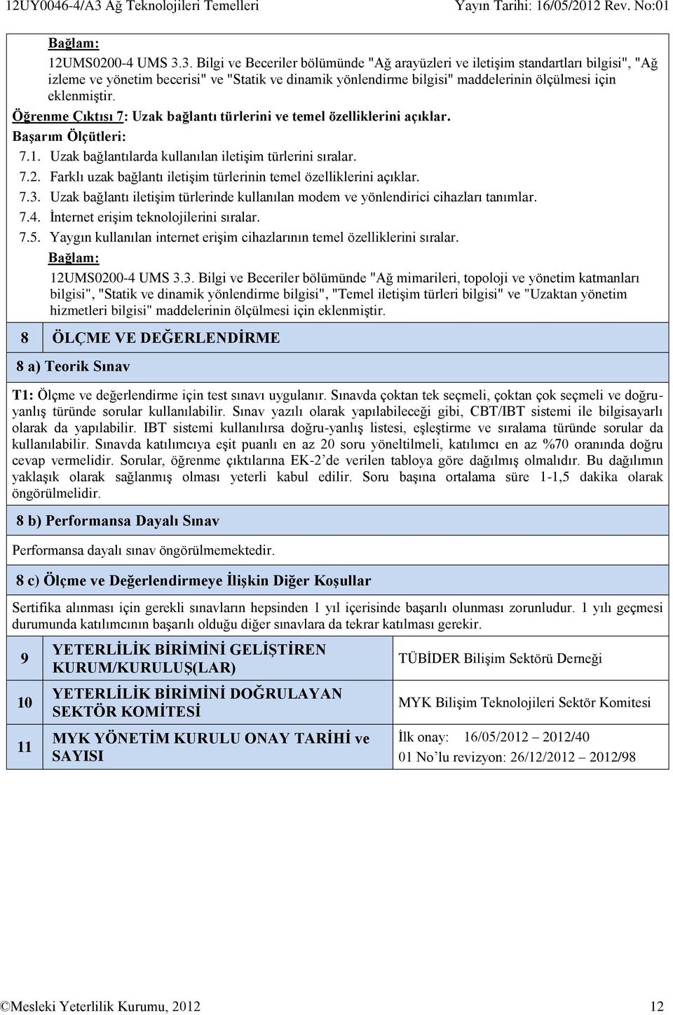 3. Bilgi ve Beceriler bölümünde "Ağ arayüzleri ve iletişim standartları bilgisi", "Ağ izleme ve yönetim becerisi" ve "Statik ve dinamik yönlendirme bilgisi" maddelerinin ölçülmesi için eklenmiştir.