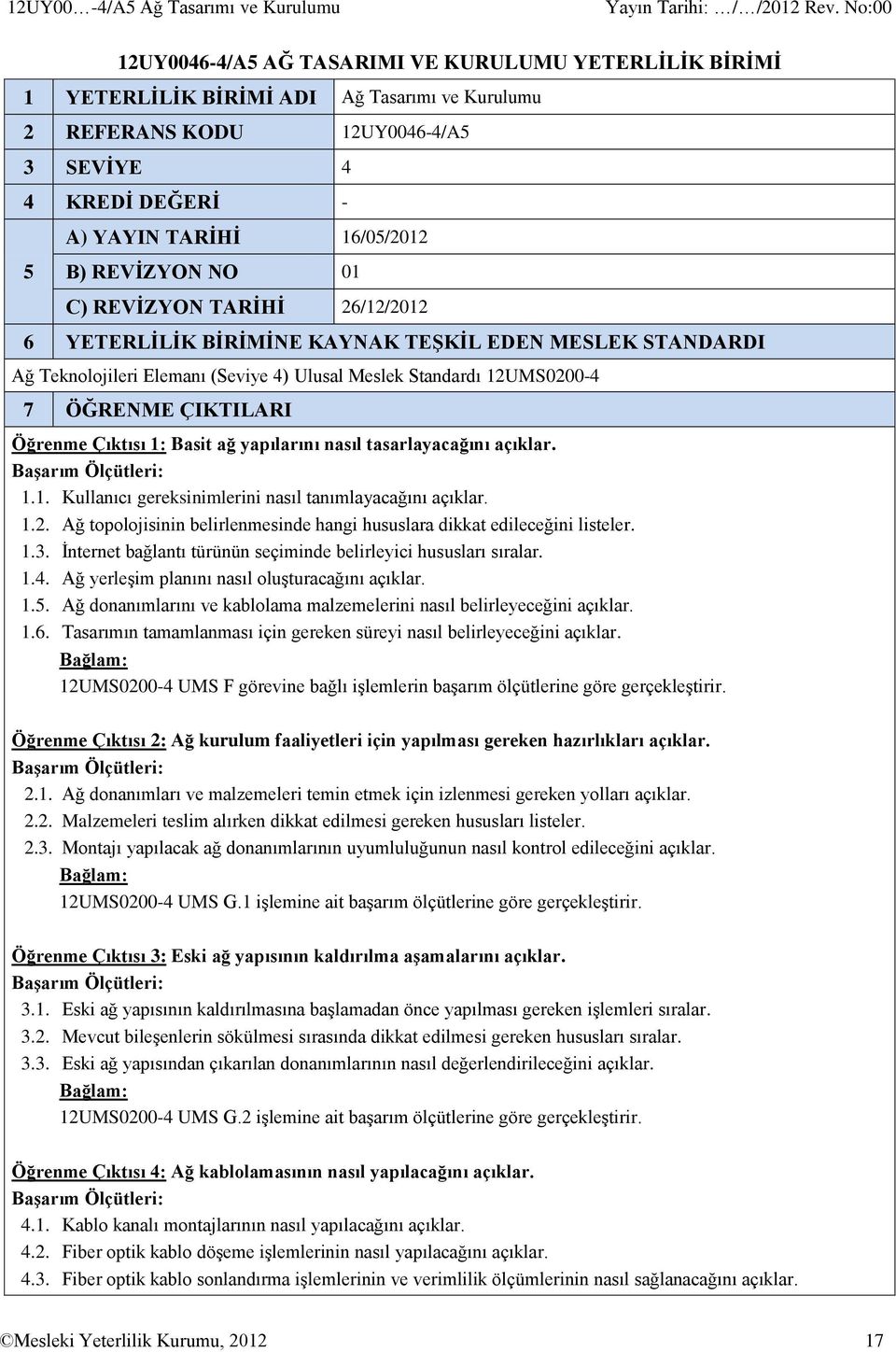 REVİZYON NO 01 C) REVİZYON TARİHİ 26/12/2012 6 YETERLİLİK BİRİMİNE KAYNAK TEŞKİL EDEN MESLEK STANDARDI Ağ Teknolojileri Elemanı (Seviye 4) Ulusal Meslek Standardı 12UMS0200-4 7 ÖĞRENME ÇIKTILARI