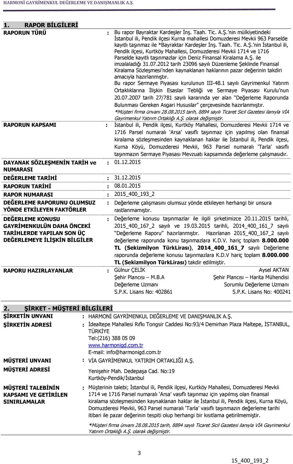 nin İstanbul ili, Pendik ilçesi, Kurtköy Mahallesi, Domuzderesi Mevkii 1714 ve 1716 Parselde kayıtlı taşınmazlar için Deniz Finansal Kiralama A.Ş. ile imzalaladığı 31.07.