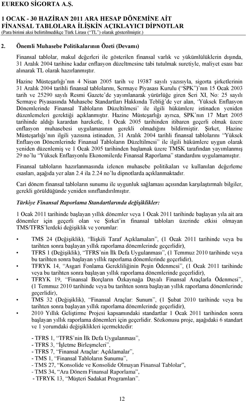 Hazine Müsteşarlığı nın 4 Nisan 2005 tarih ve 19387 sayılı yazısıyla, sigorta şirketlerinin 31 Aralık 2004 tarihli finansal tablolarını, Sermaye Piyasası Kurulu ( SPK ) nın 15 Ocak 2003 tarih ve