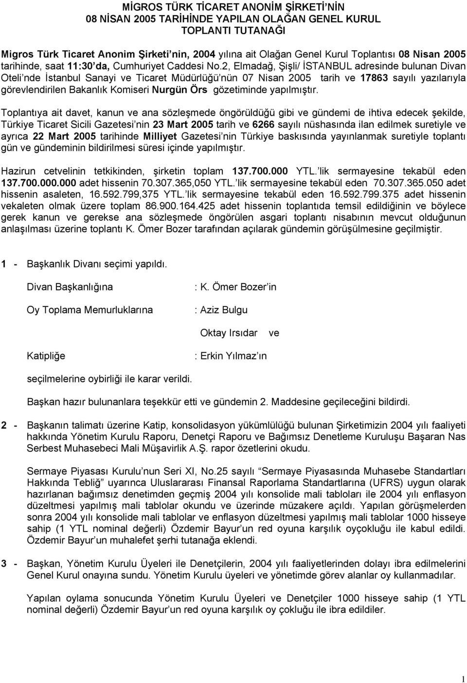 2, Elmadağ, Şişli/ İSTANBUL adresinde bulunan Divan Oteli nde İstanbul Sanayi ve Ticaret Müdürlüğü nün 07 Nisan 2005 tarih ve 17863 sayılı yazılarıyla görevlendirilen Bakanlık Komiseri Nurgün Örs