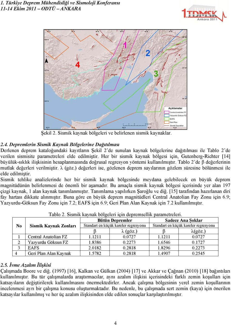 edilmiştir. Her bir sismik kaynak bölgesi için, Gutenberg-Richter [14] büyülük-sıklık ilişkisinin hesaplanmasında doğrusal regresyon yöntemi kullanılmıştır.