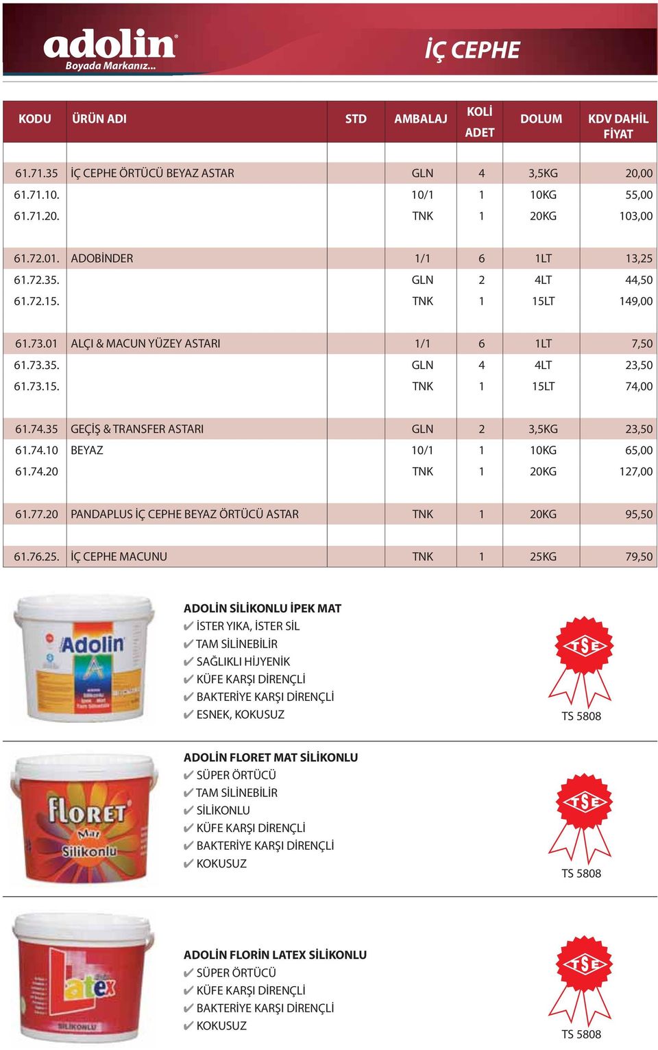 74.20 TNK 1 20KG 127,00 61.77.20 PANDAPLUS İÇ CEPHE BEYAZ ÖRTÜCÜ ASTAR TNK 1 20KG 95,50 61.76.25.