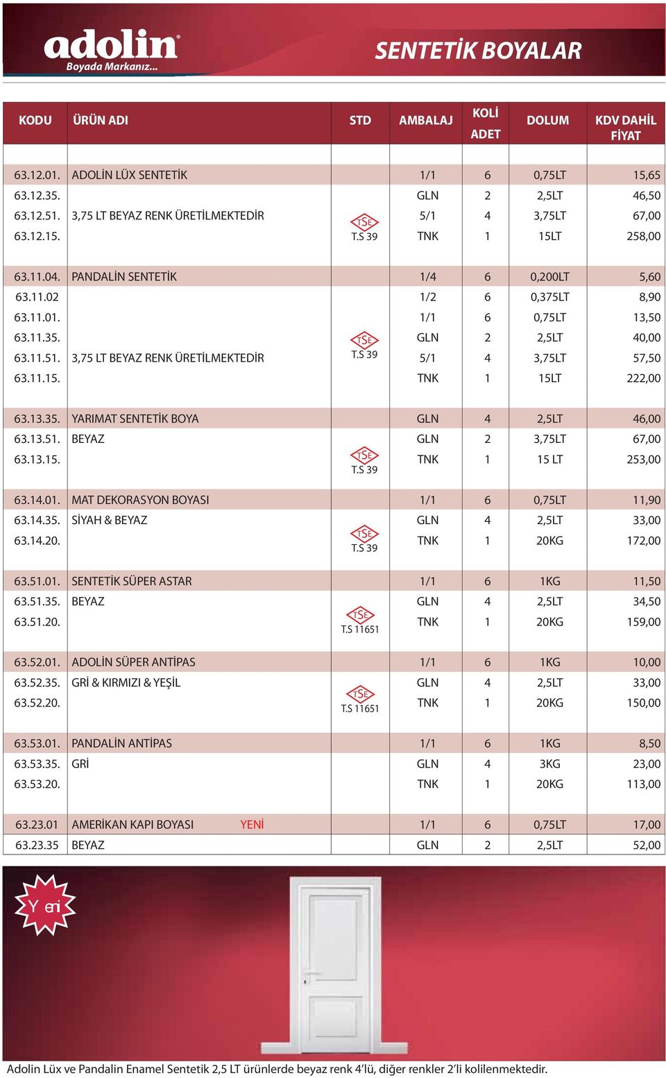 11.15. TNK 1 15LT 222,00 63.13.35. YARIMAT SENTETİK BOYA GLN 4 2,5LT 46,00 63.13.51. BEYAZ GLN 2 3,75LT 67,00 63.13.15. TNK 1 15 LT 253,00 T.S 39 63.14.01. MAT DEKORASYON BOYASI 1/1 6 0,75LT 11,90 63.