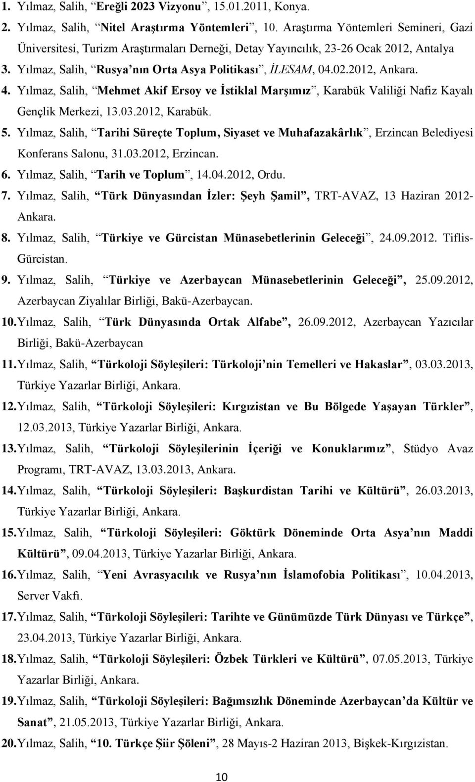 4. Yılmaz, Salih, Mehmet Akif Ersoy ve İstiklal Marşımız, Karabük Valiliği Nafiz Kayalı Gençlik Merkezi, 13.03.2012, Karabük. 5.