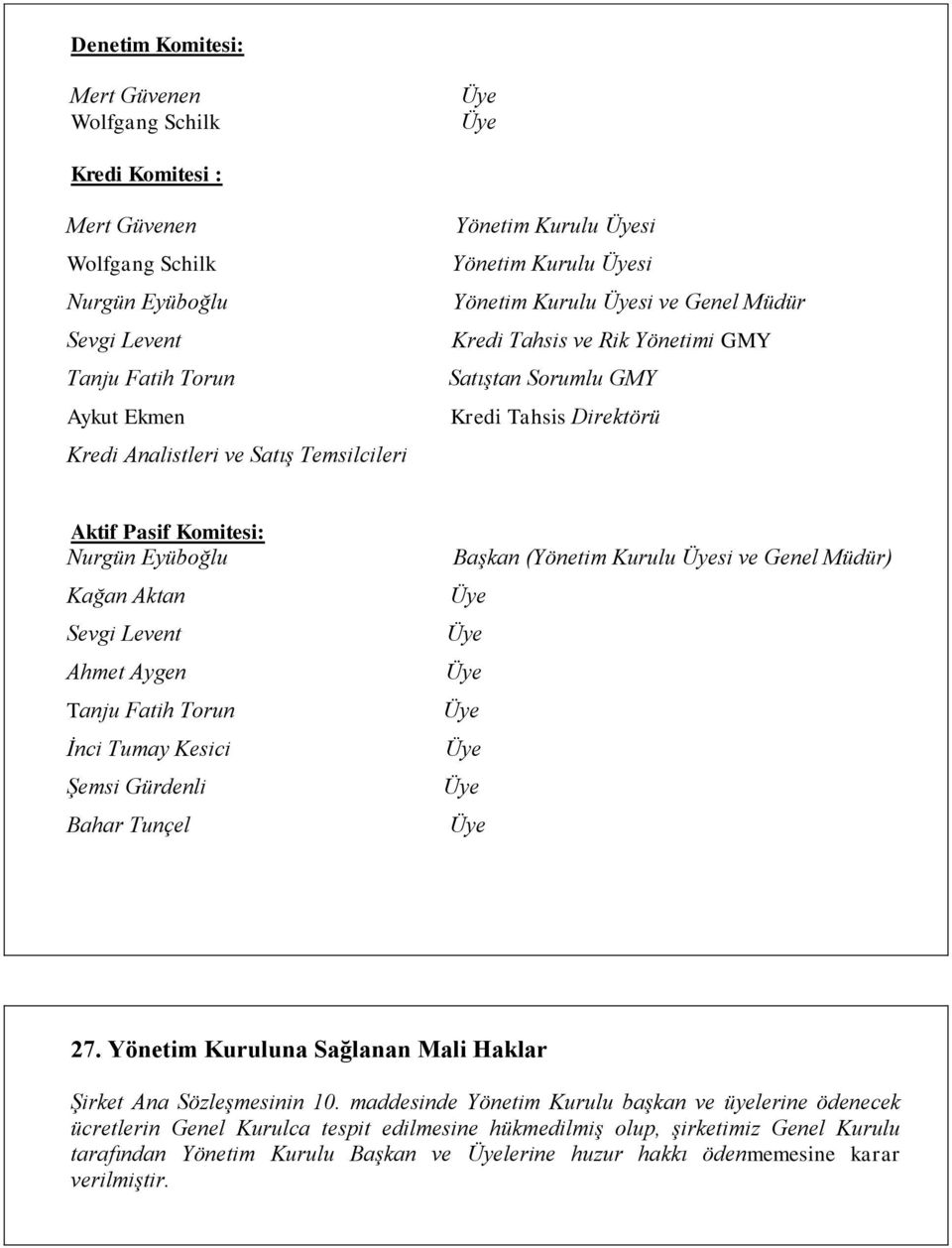 Levent Ahmet Aygen Tanju Fatih Torun İnci Tumay Kesici Şemsi Gürdenli Bahar Tunçel Başkan (Yönetim Kurulu si ve Genel Müdür) 27. Yönetim Kuruluna Sağlanan Mali Haklar Şirket Ana Sözleşmesinin 10.