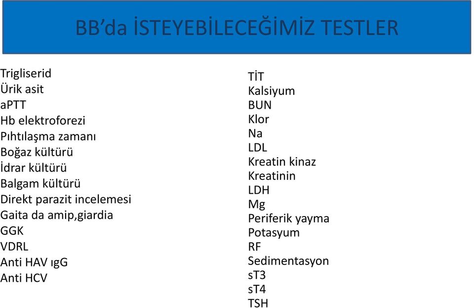 incelemesi Gaita da amip,giardia GGK VDRL Anti HAV ıgg Anti HCV TİT Kalsiyum BUN