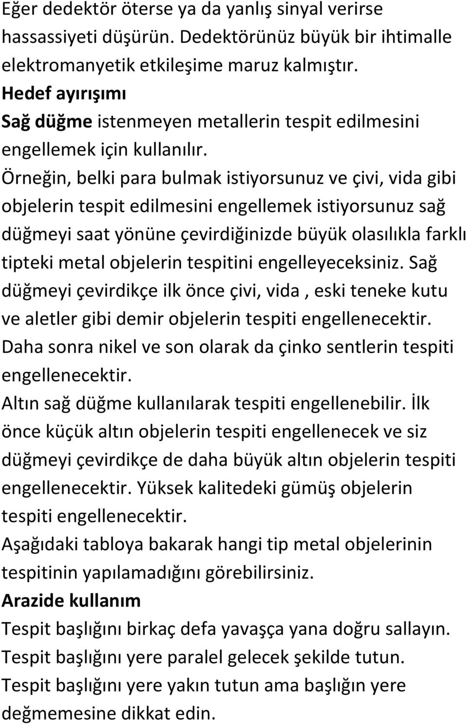 Örneğin, belki para bulmak istiyorsunuz ve çivi, vida gibi objelerin tespit edilmesini engellemek istiyorsunuz sağ düğmeyi saat yönüne çevirdiğinizde büyük olasılıkla farklı tipteki metal objelerin