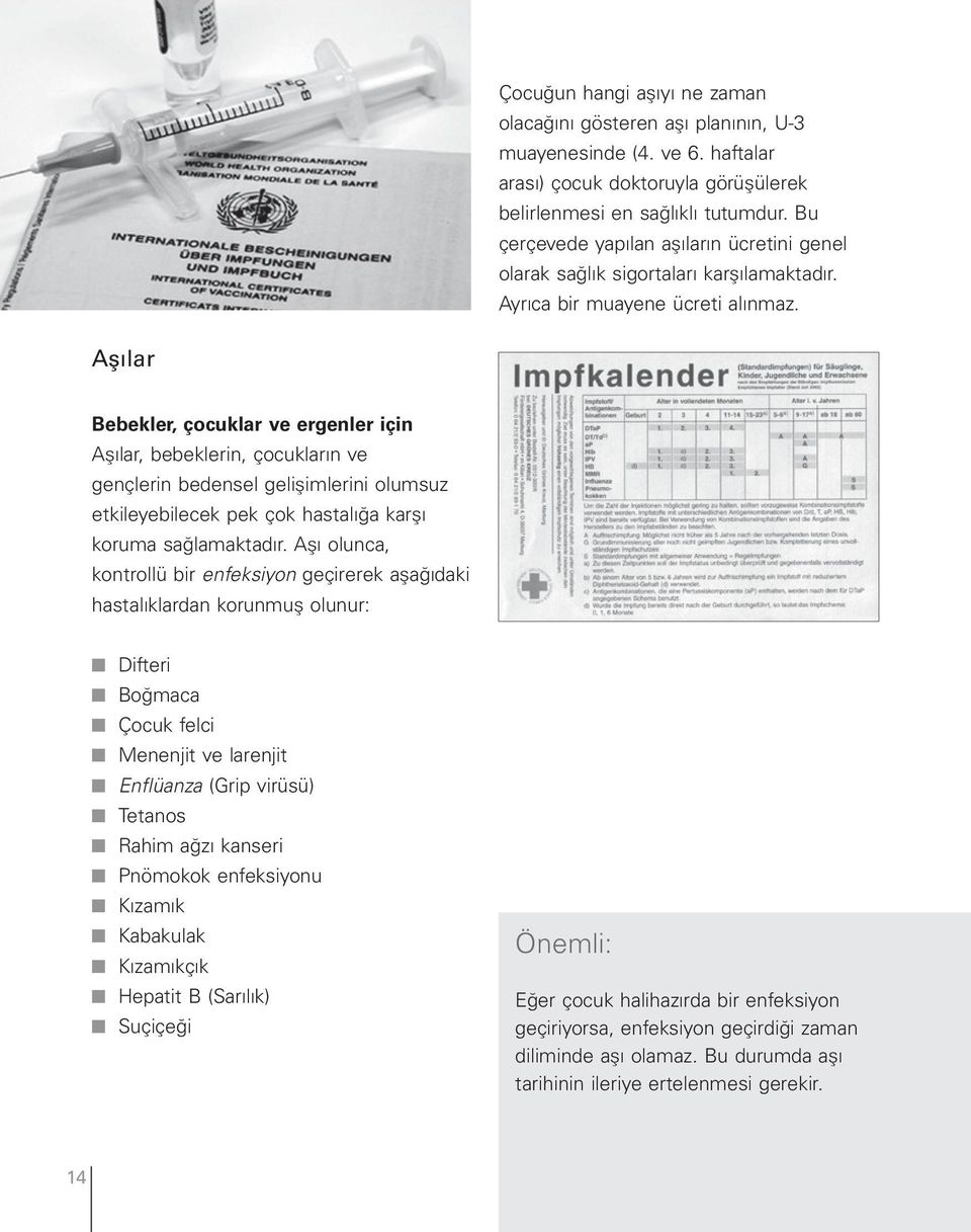 Aşılar Bebekler, çocuklar ve ergenler için Aşılar, bebeklerin, çocukların ve gençlerin bedensel gelişimlerini olumsuz etkileyebilecek pek çok hastalığa karşı koruma sağlamaktadır.