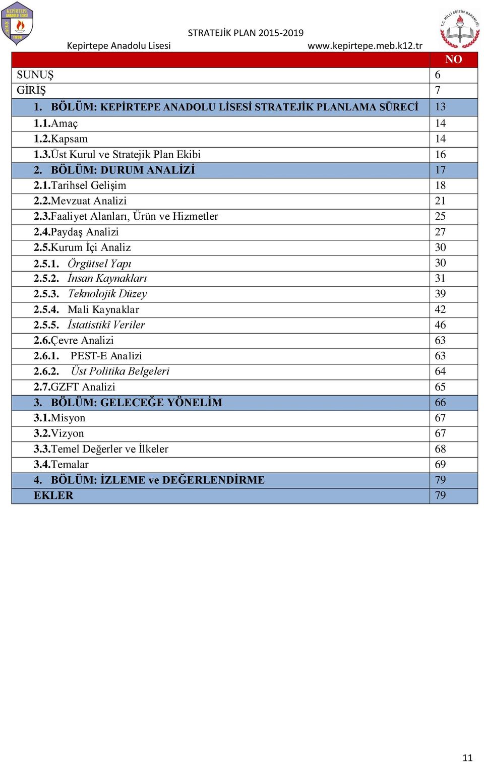 5.2. İnsan Kaynakları 31 2.5.3. Teknolojik Düzey 39 2.5.4. Mali Kaynaklar 42 2.5.5. İstatistikî Veriler 46 2.6.Çevre Analizi 63 2.6.1. PEST-E Analizi 63 2.6.2. Üst Politika Belgeleri 64 2.