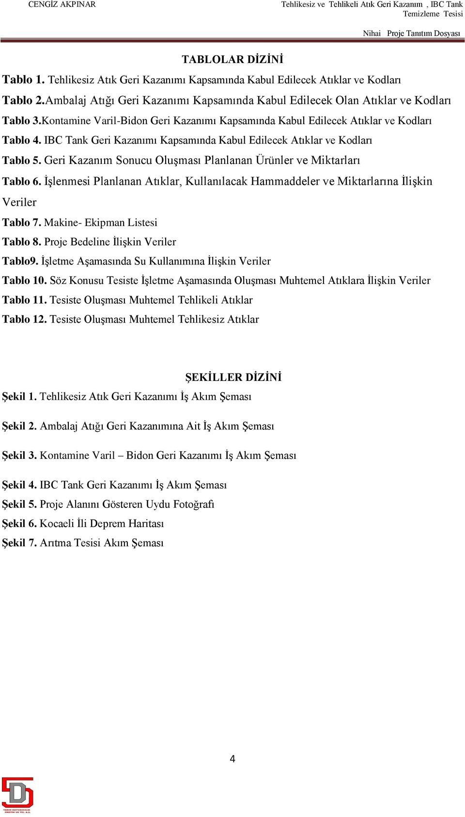 Geri Kazanım Sonucu Oluşması Planlanan Ürünler ve Miktarları Tablo 6. İşlenmesi Planlanan Atıklar, Kullanılacak Hammaddeler ve Miktarlarına İlişkin Veriler Tablo 7. Makine- Ekipman Listesi Tablo 8.