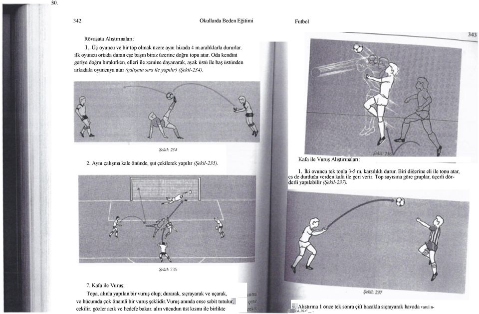 Aynı çalışma kale önünde, şut çeklerek yapılır (Şekl-235). Kafa le Vuruş Alıştırınaları: ı. İk oyuncu tek topla 3-5 m. karşılıklı durur.