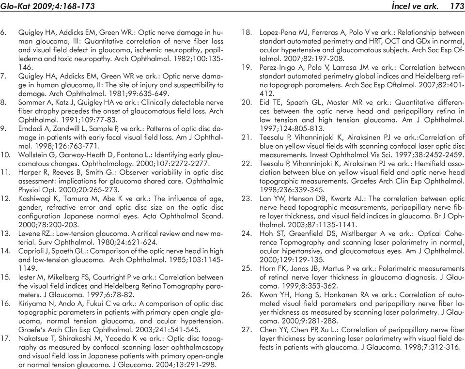 1982;100:135-146. 7. Quigley HA, Addicks EM, Green WR ve ark.: Optic nerve damage in human glaucoma, II: The site of injury and suspecttibility to damage. Arch Ophthalmol. 1981;99:635-649. 8.