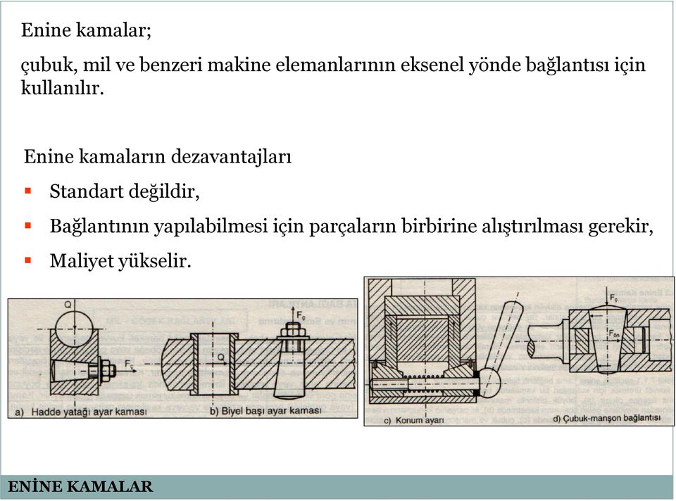 Enine kamaların dezavantajları Standart değildir, Bağlantının