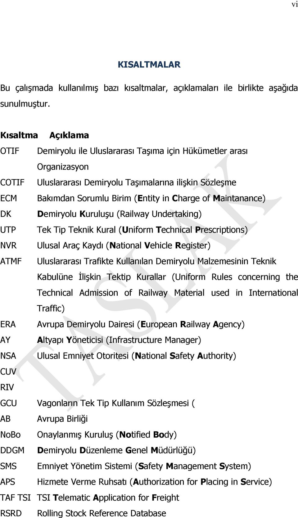 Maintanance) DK Demiryolu Kuruluşu (Railway Undertaking) UTP Tek Tip Teknik Kural (Uniform Technical Prescriptions) NVR Ulusal Araç Kaydı (National Vehicle Register) ATMF Uluslararası Trafikte