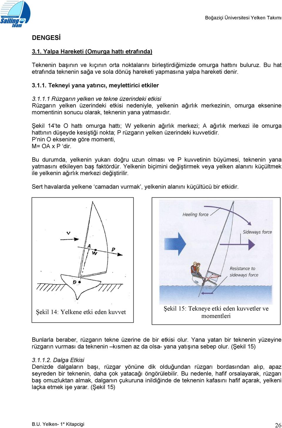 1. Tekneyi yana yatırıcı, meylettirici etkiler 3.1.1.1 Rüzgarın yelken ve tekne üzerindeki etkisi Rüzgarın yelken üzerindeki etkisi nedeniyle, yelkenin ağırlık merkezinin, omurga eksenine momentinin sonucu olarak, teknenin yana yatmasıdır.