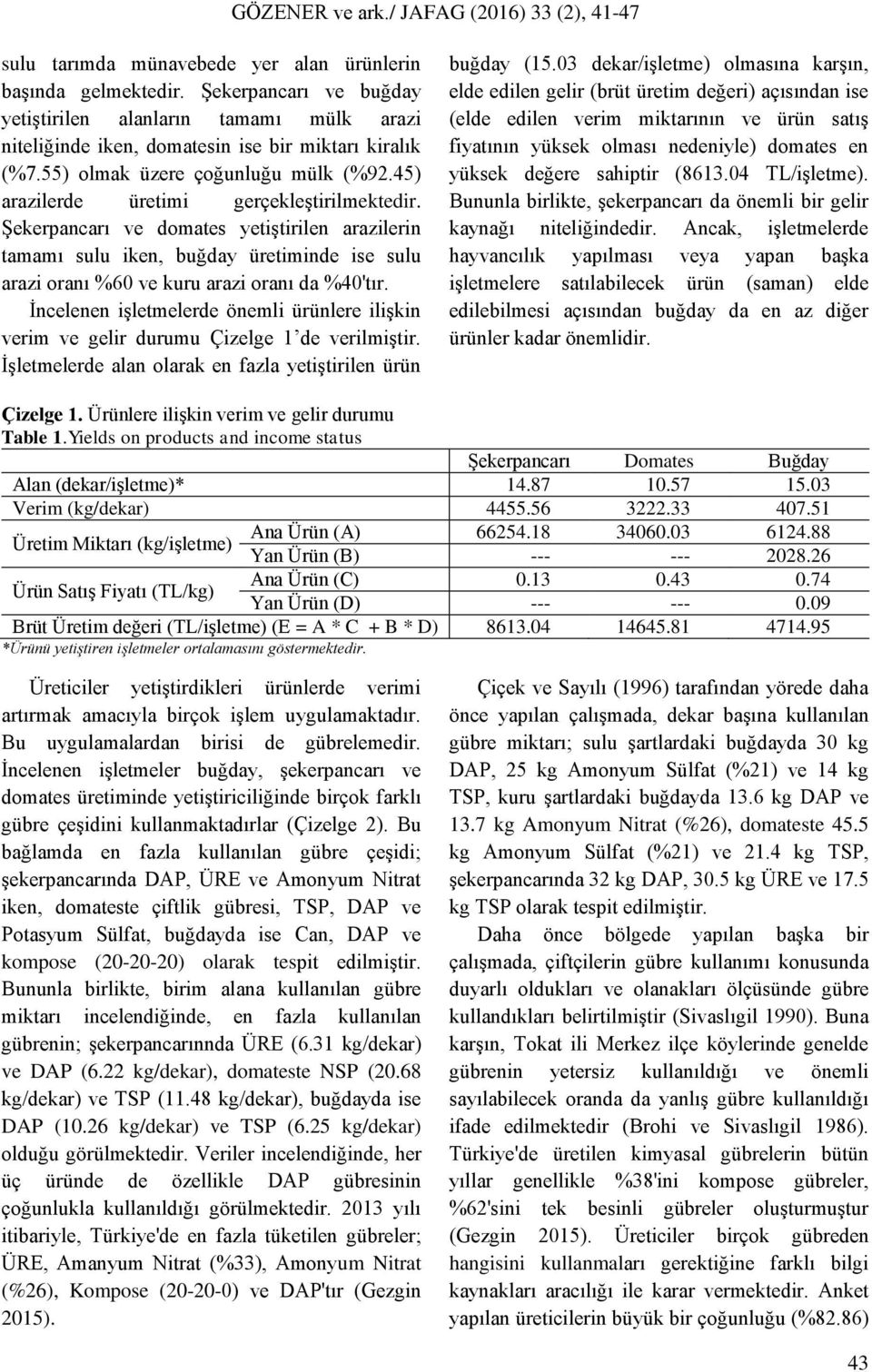 Şekerpancarı ve domates yetiştirilen arazilerin tamamı sulu iken, buğday üretiminde ise sulu arazi oranı %60 ve kuru arazi oranı da %40'tır.